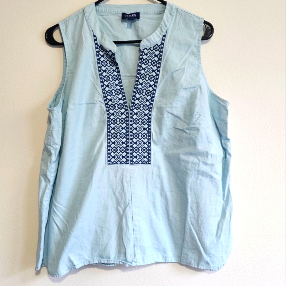 Chaps Women's Embroidered Sleeveless Chambray Boho Coastal Blouse X-Large